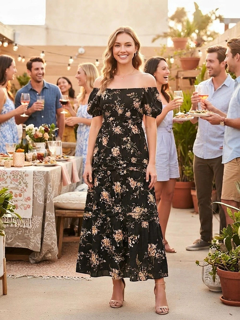 A new dayFloral Off-Shoulder Maxi Dress in Black & Pink